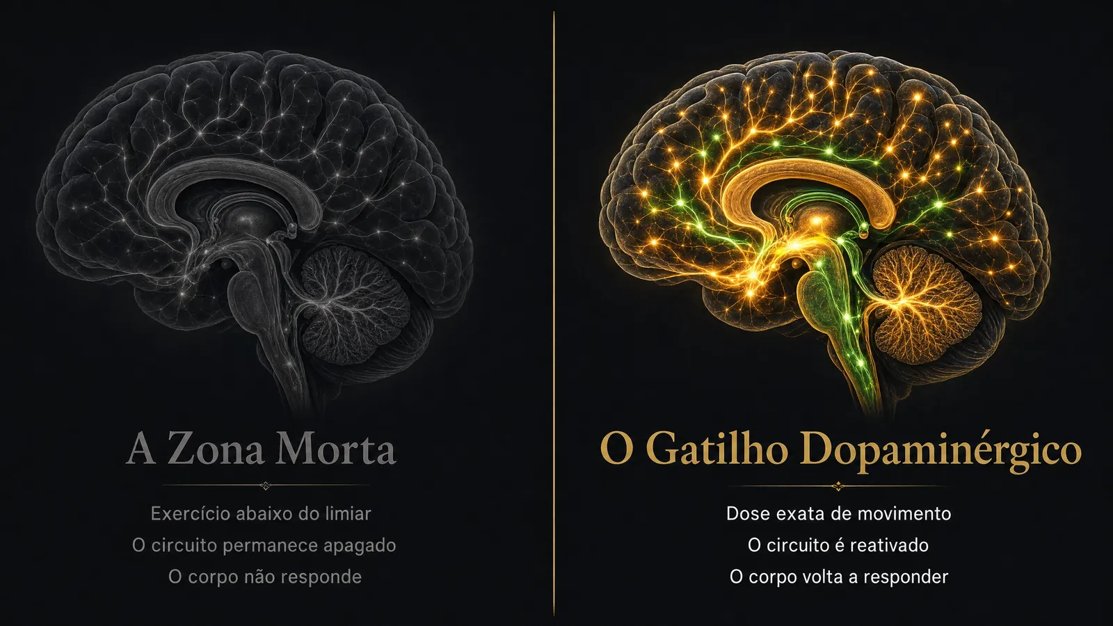 A Zona Morta: circuito apagado, o corpo não responde — versus O Gatilho Dopaminérgico: o circuito é reativado e o corpo volta a responder.